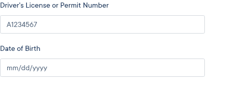 California DMV scheduler: empty Driver's License or Permit Number and Date of Birth fields. A1234567 is the DMV's example placeholder.